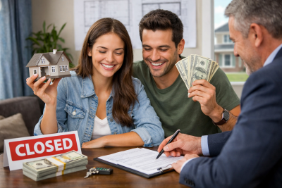 Home sellers completing paperwork at closing during the final stage of the Texas home selling process.