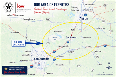 Walker Texas Team Central Texas real estate service area map centered on San Marcos, Kyle, New Braunfels, Wimberley, Canyon Lake, Seguin and Lockhart
