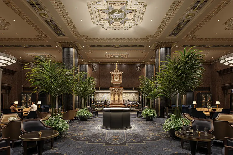Opulent Art Deco lobby featuring ornate coffered ceilings, marble columns, palm arrangements, and a central clock centerpiece inside Waldorf Astoria residences in New York.
