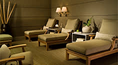 A serene spa room featuring comfortable lounge chairs, soft lighting, and minimalist decor for relaxation.