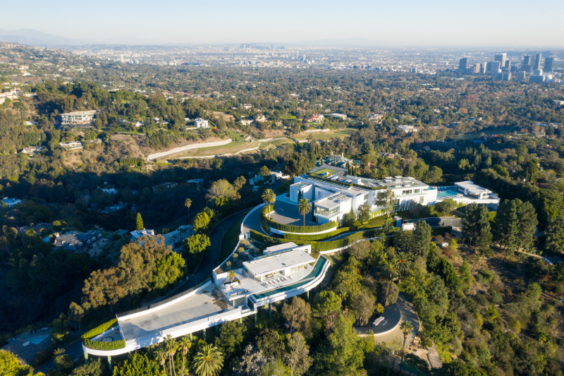 pool outside modern house at twilight