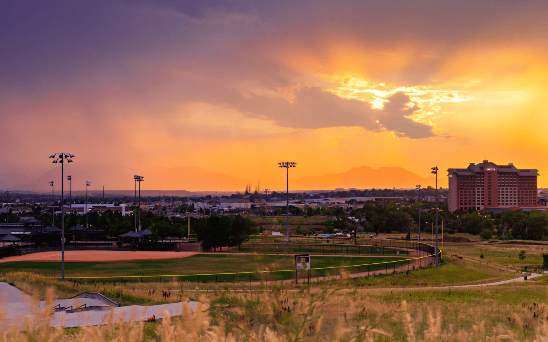 Sunset over parks and sports fields in Westminster, Colorado