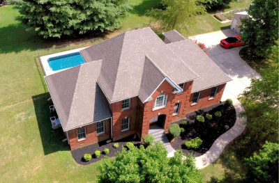 Aerial of house with pool in the back