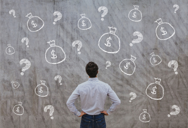 man looking on imaginary cash bag and question mark
