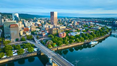Aerial View of Downtown Portland with Willamette River and Bridge