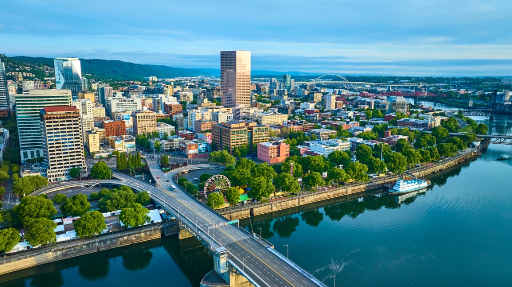 Aerial View of Downtown Portland with Willamette River and Bridge