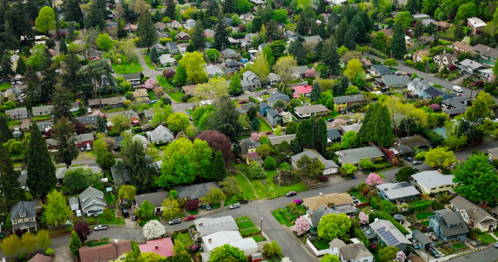 Aerial View of Residential Neighborhood on Overcast Day in Portland, Oregon
