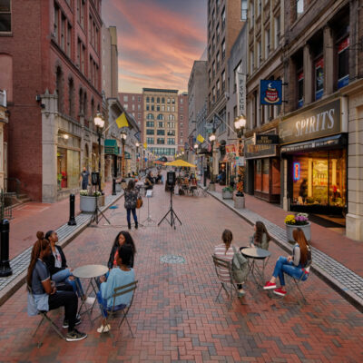 Family exploring downtown after moving to Connecticut