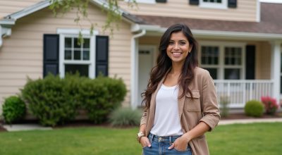 A middle-aged, latina philippine woman proudly stands in front of her house