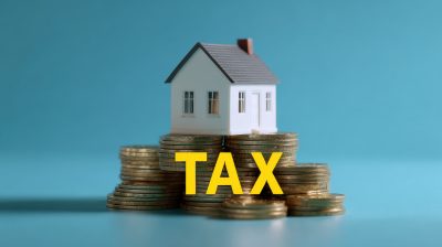 A house model on stacked coins with tax text symbolizing property tax