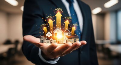 Real estate investment growth concept with houses and upward arrows