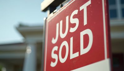 Red, white Just Sold sign for real estate transactions. Sign signifies property sale completion, successful marketing. Indicates home no longer available on market.