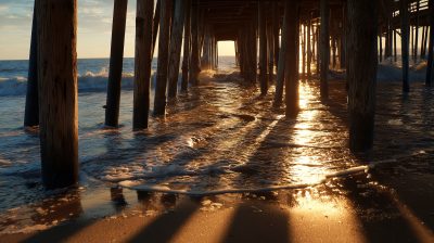 Sunlit waves rolling beneath wooden pier