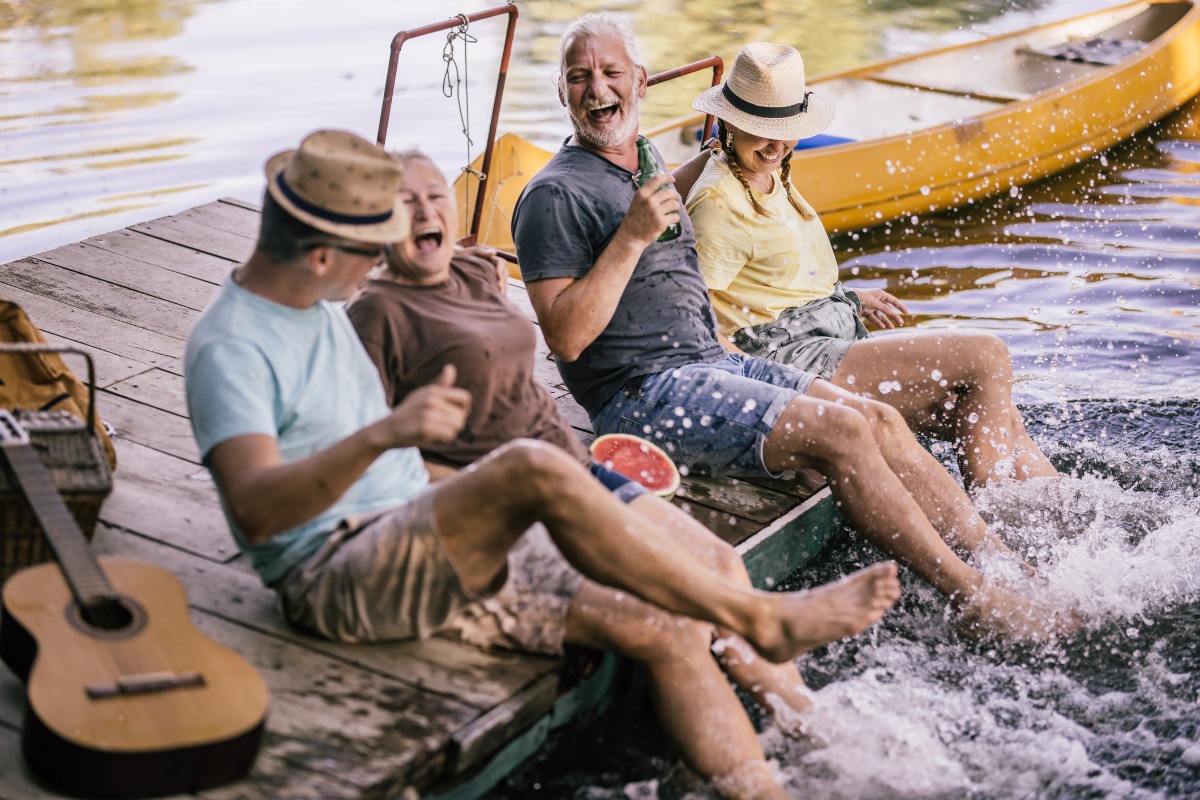 senior happy sitting on the deck