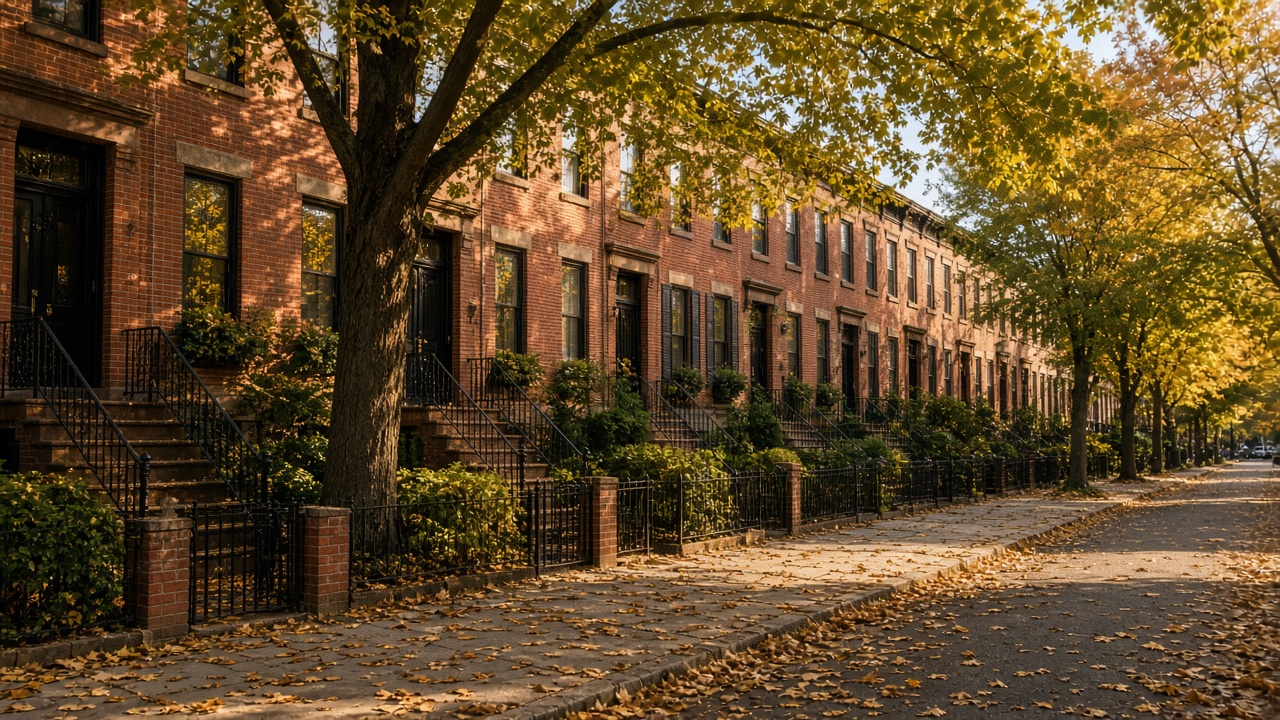 Fila de casas adosadas de ladrillo en una calle residencial soleada y arbolada en Queens, NY