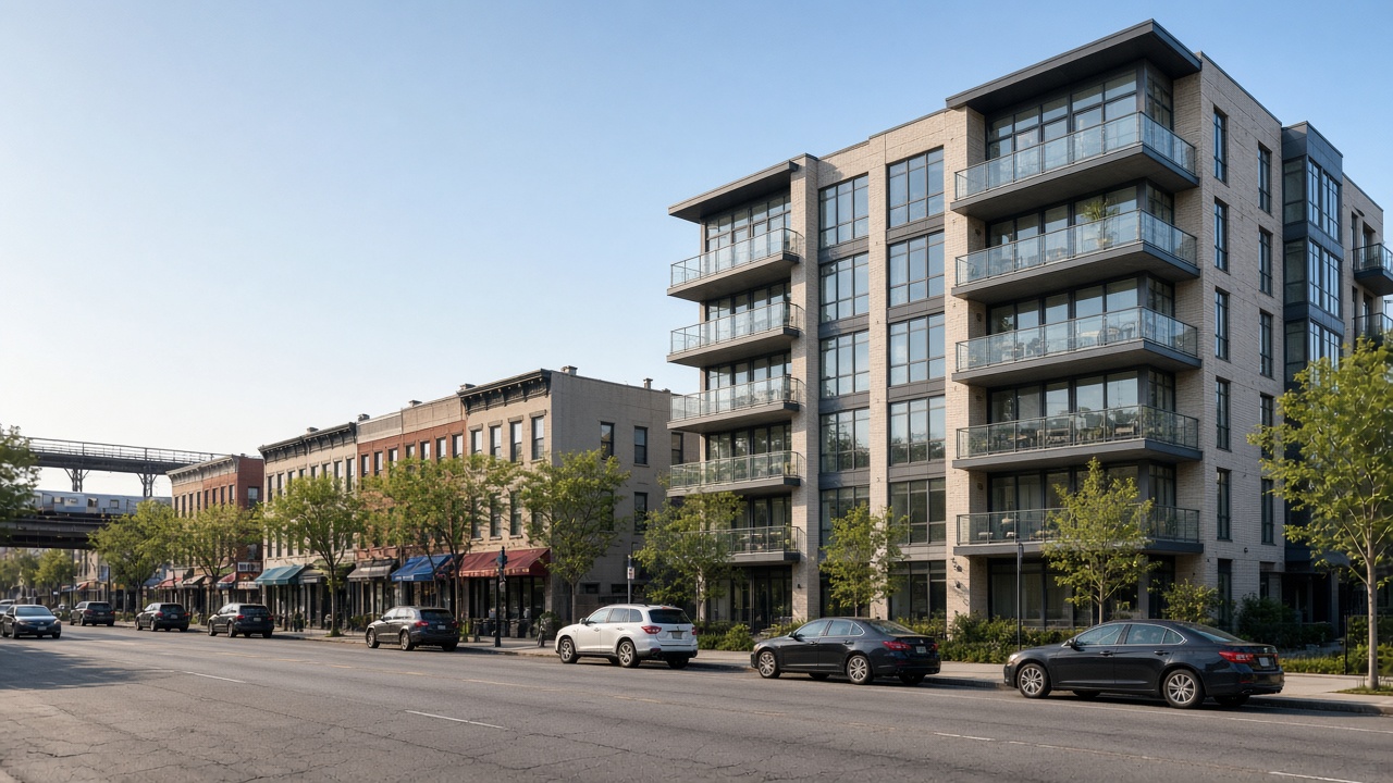 Spanish speaking real estate agent Jackson Heights — modern condo building on a busy Queens avenue
