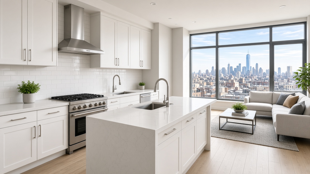 Agente de bienes raíces que habla español en Jackson Heights — cocina moderna de apartamento en Queens con vista a la ciudad