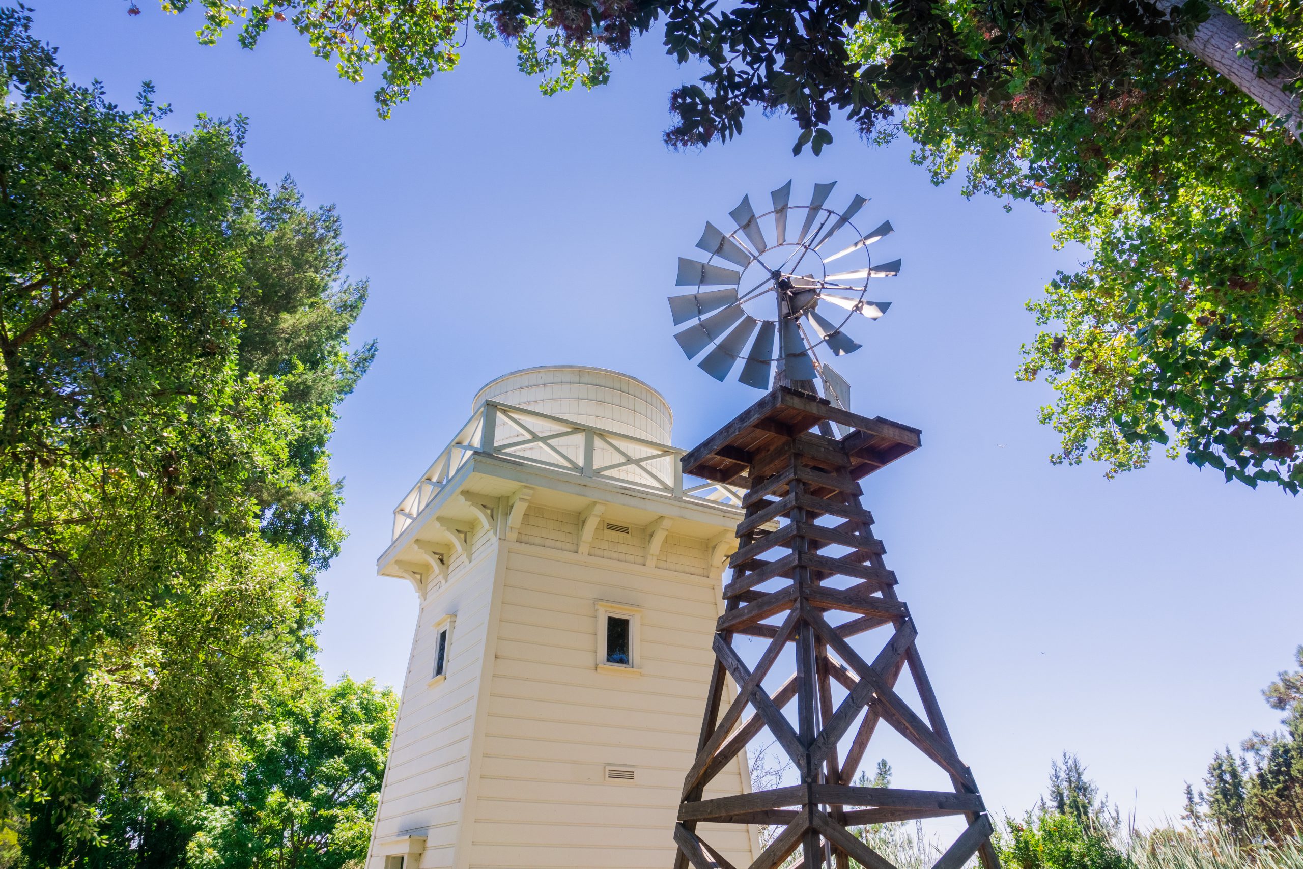Old wind turbine and wooden water tower, Rengstorff house, Shoreline Lake and Park, Mountain View, California
