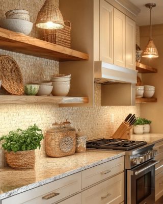 Kitchen styled with Martha Stewart aesthetic including plants and rustic shelving
