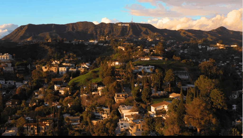Drone shot of the Hollywood sign in Los Angeles