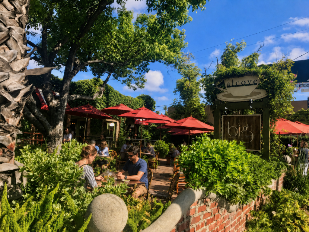 Outdoor dining patio of a restaurant in Los Feliz called the Alcove.