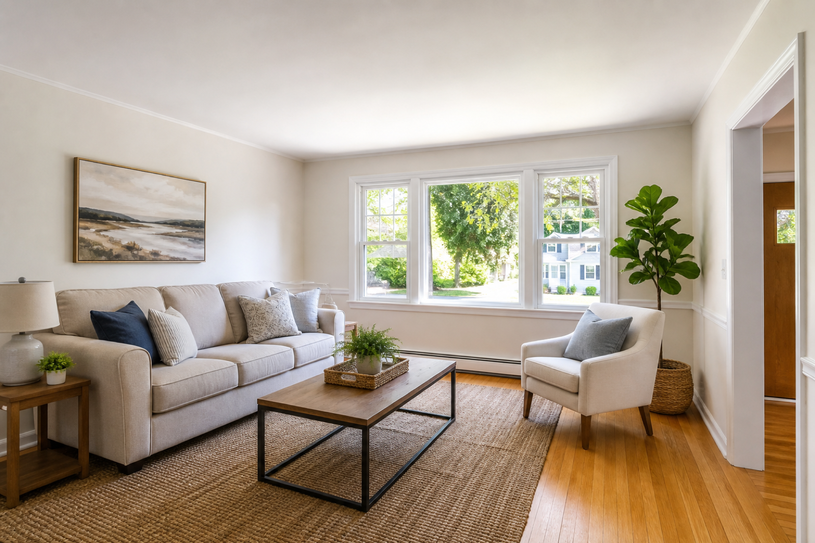 Bright freshly painted living room with refinished hardwood floors and simple staging