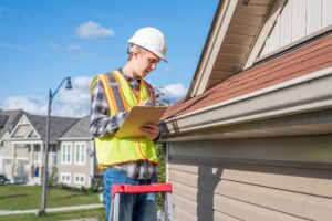 Home inspector inspecting the roof on a ladder