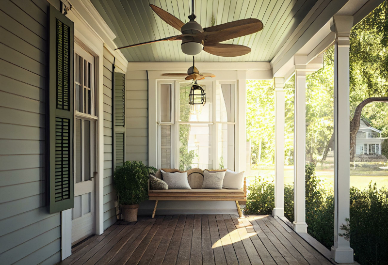 A front porch with a swing and ceiling in new home in austin