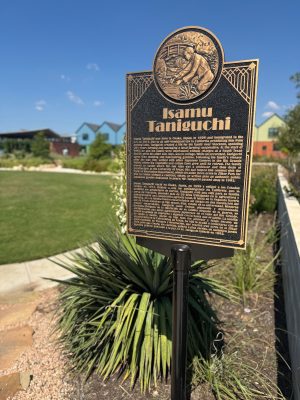 Plaque honoring Isamu Taniguchi at Taniguchi Park in Mueller
