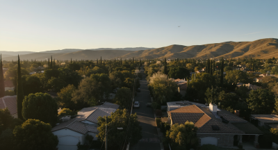 Aerial view of a San Diego residential neighborhood near MCAS Miramar at golden hour