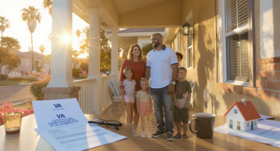 Veteran family on the porch of a San Diego home, VA home loan theme