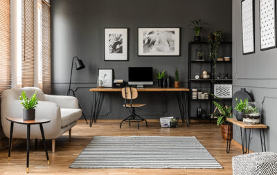 Posters in grey living room