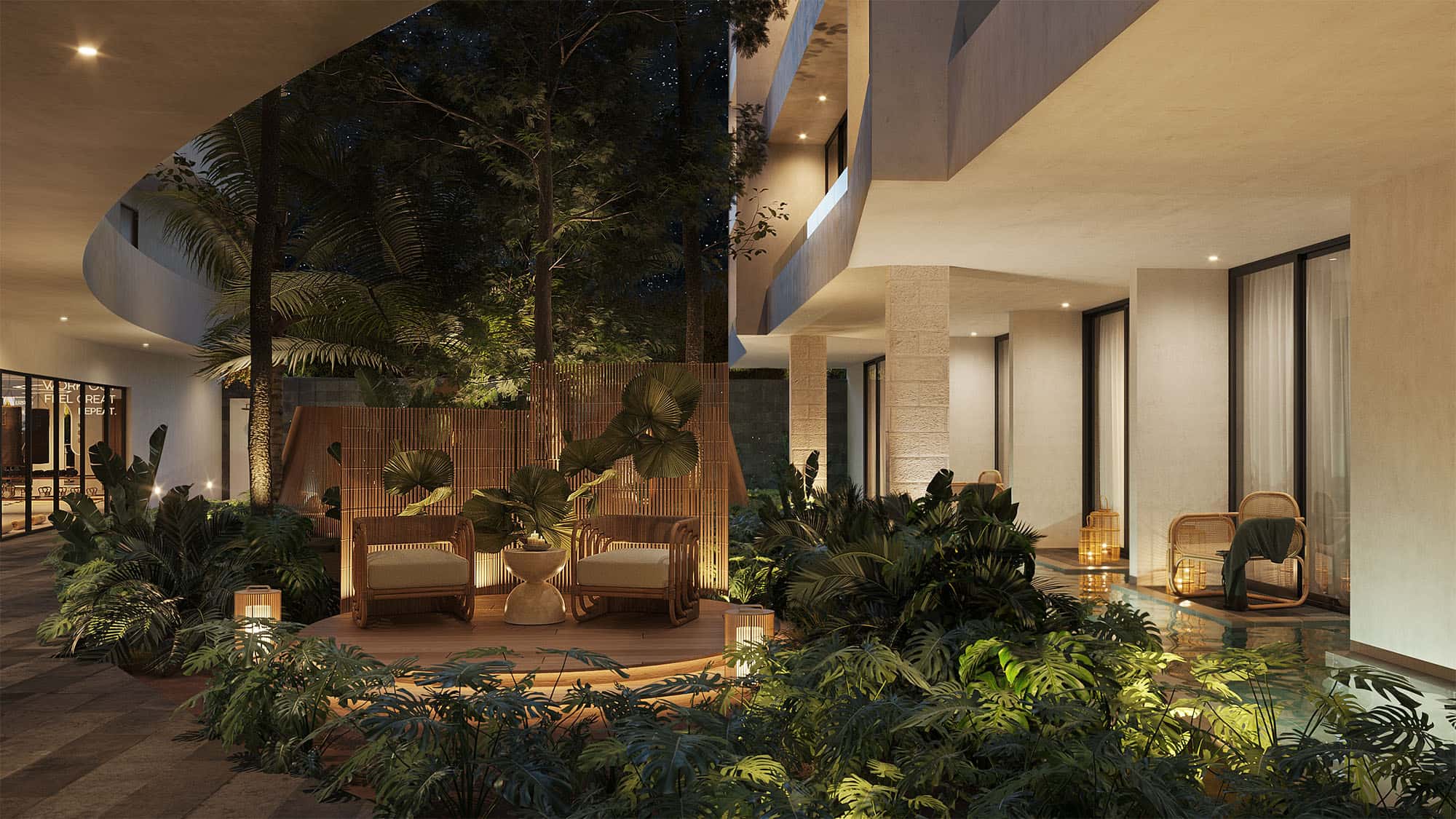 Sophisticated outdoor lounge area in a tropical garden setting in Cancun