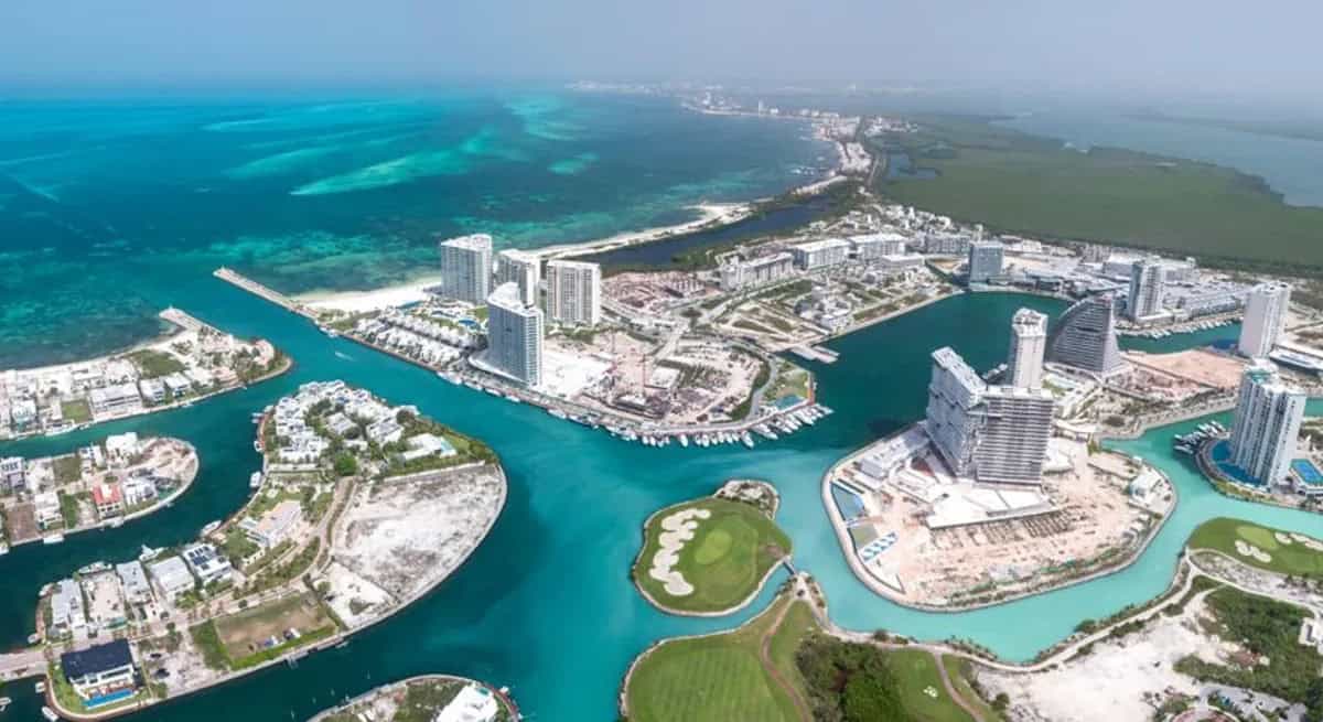 Aerial view of the private marina at SLS Puerto Cancún Residences.