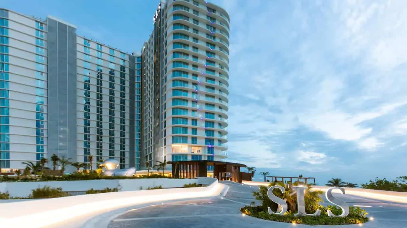 Modern luxury condo exterior at SLS Puerto Cancún Residences with ocean view.