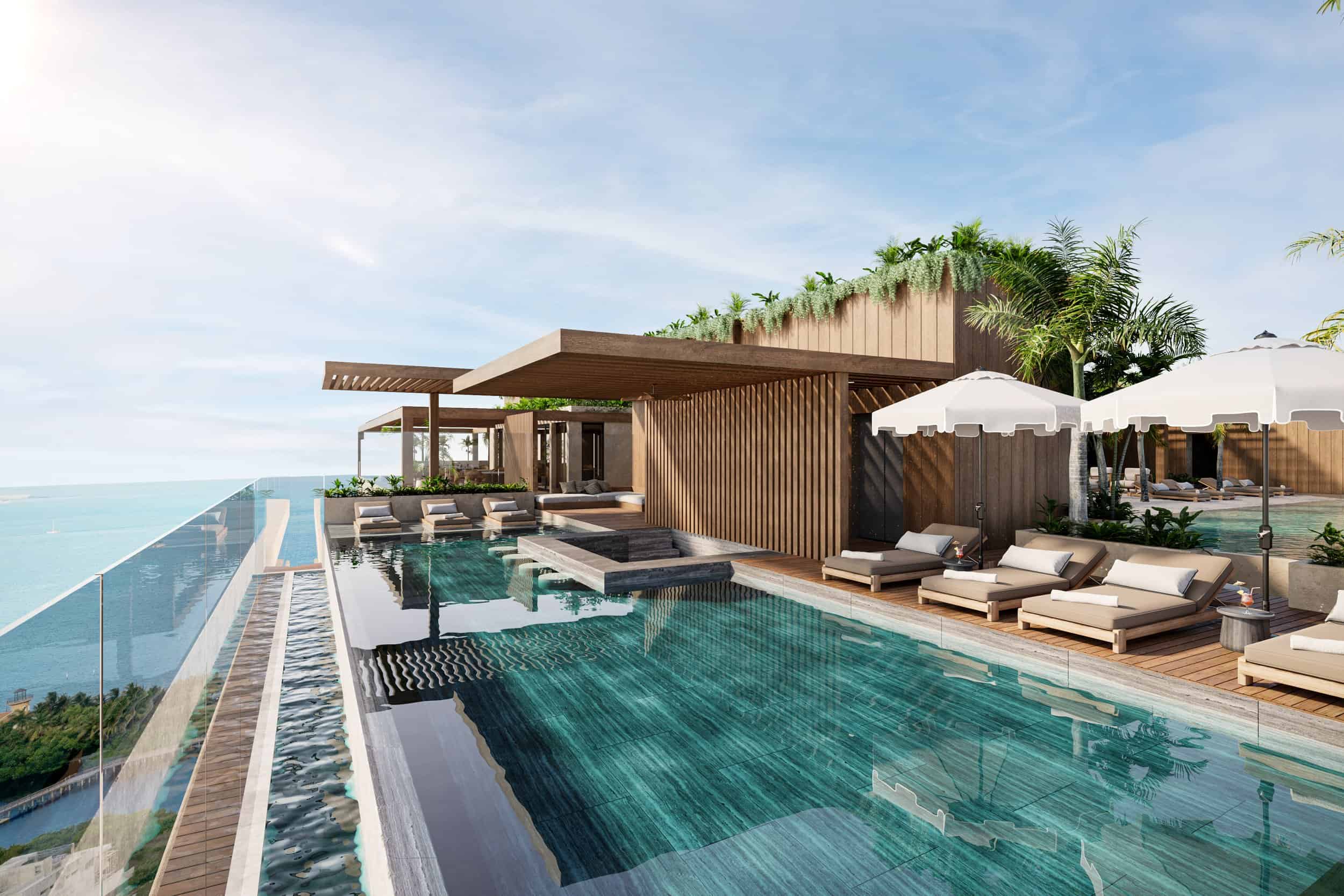 Infinity pool on the 23rd floor rooftop at Thompson Private Residences Puerto Cancun.