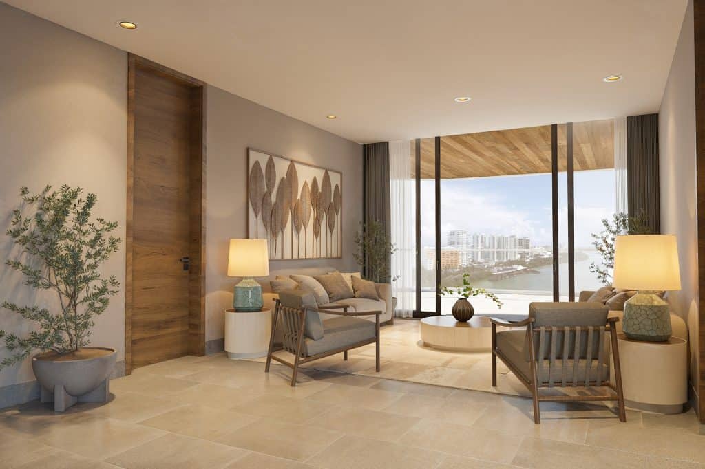 Spacious, sunlit luxury condo living area at Azurea Cancun with premium finishes and panoramic views.