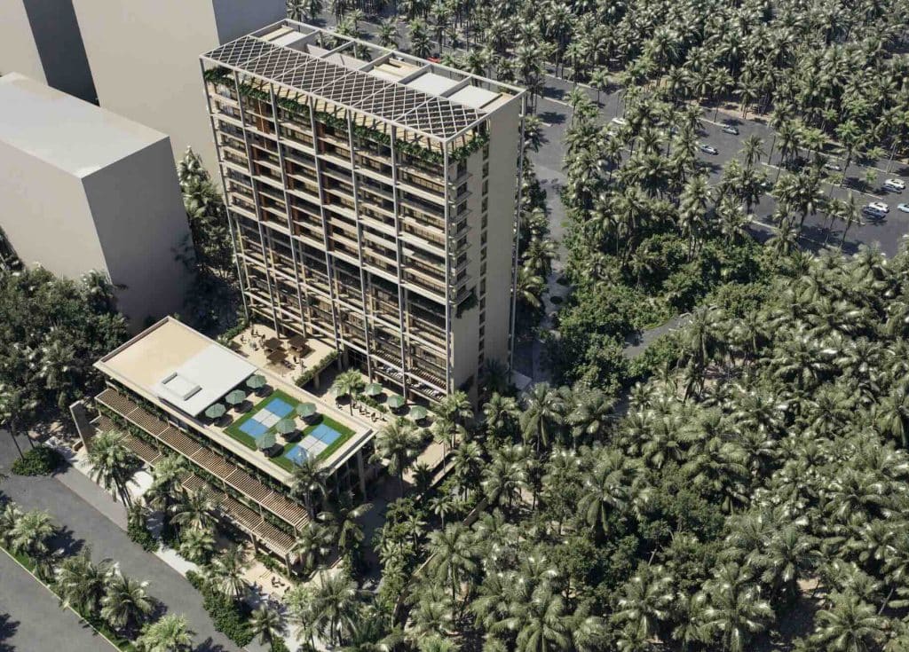 Aerial view of Baala Cancun waterfront condos for sale in Mexico