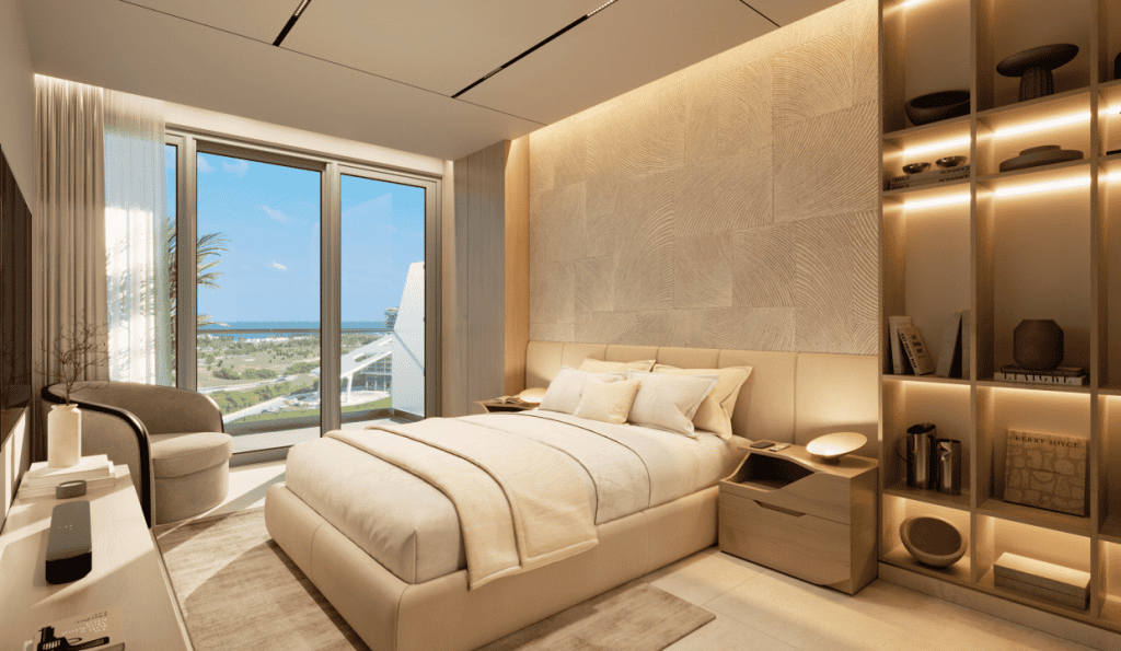 Spacious and elegant living room interior with floor-to-ceiling windows at a Bay Grand View Cancun luxury condo.