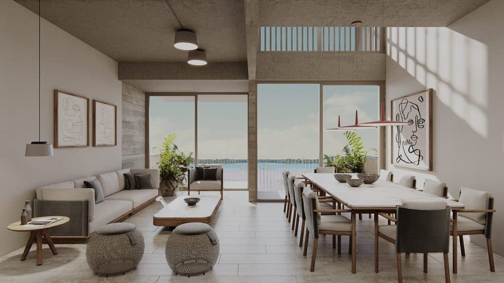 Bright, open-concept living area in a Lumia Residencial condo