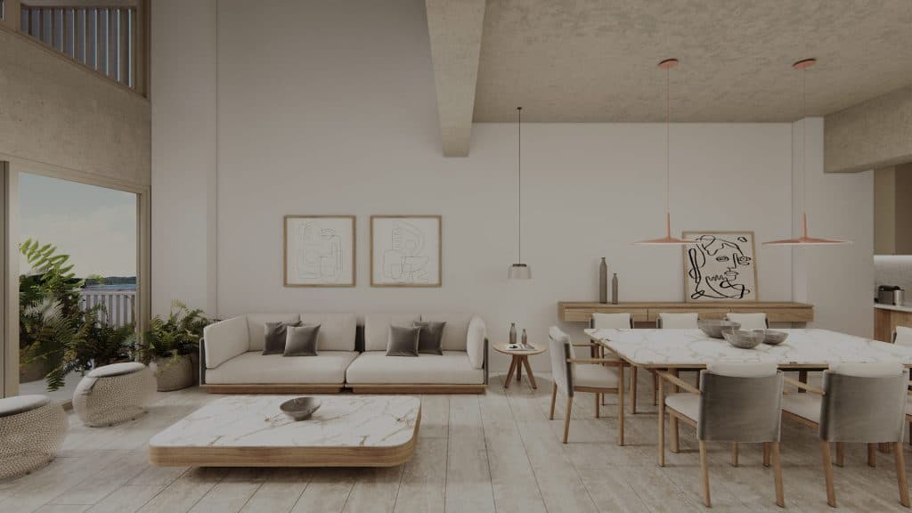 Bright, open-concept living area in a Lumia Residencial condo