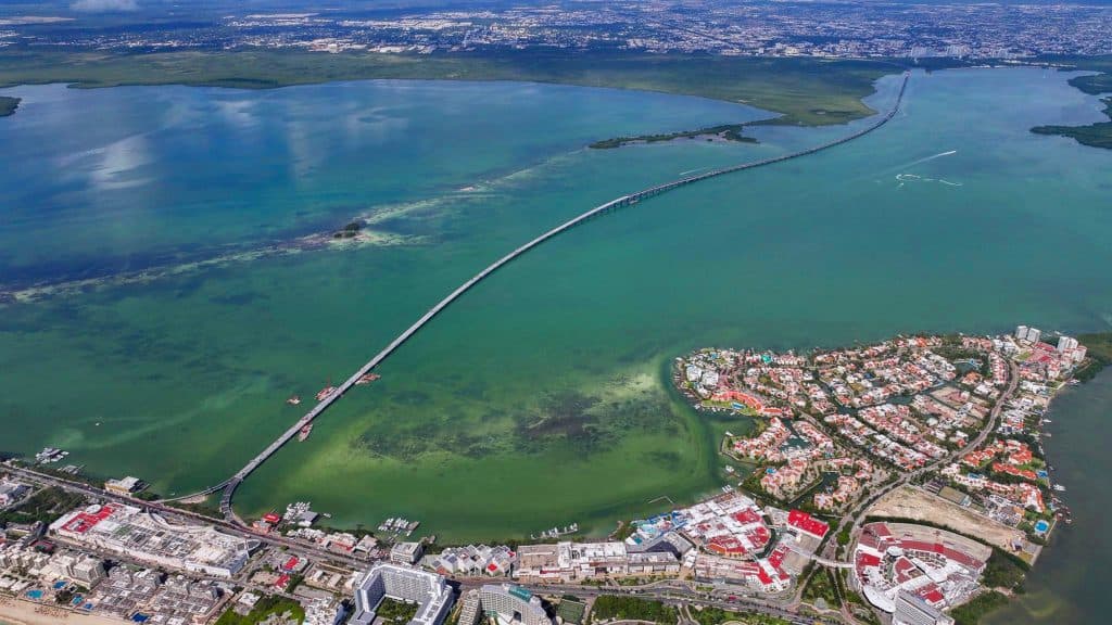 Aerial view of Nichupte bridge that connects the Hotel Zone with Cancun downtown