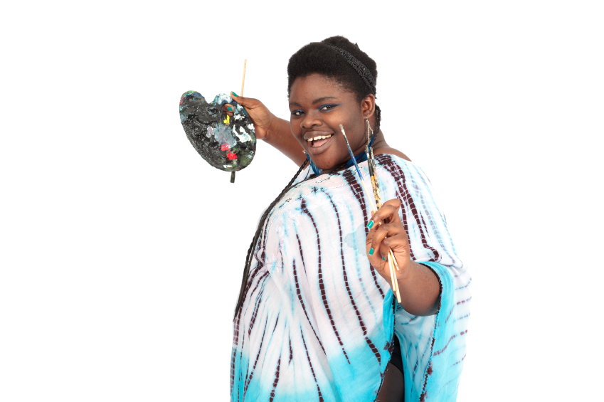 Beautiful black woman doing different expressions in different sets of clothes: painter