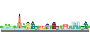 Image is a cartoon illustration of a city street with buildings, homes, and a church.