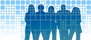 Image is an illustration of featureless people against a blue and white background.