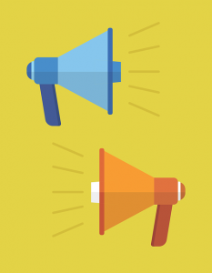 Image is of a blue and orange megaphone against a yellow background.