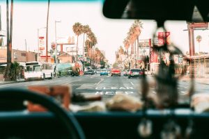 Image is of Los Angeles traffic as viewed from inside a car.