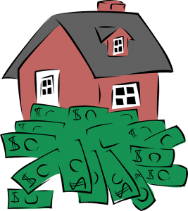 Image is a red house with a pile of money in front of it.