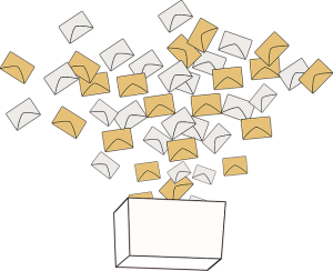 Image is a cartoon ballot box with white and brown ballot envelops falling into it.