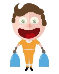 Image is a cartoon man in orange carrying two blue garbage bags.